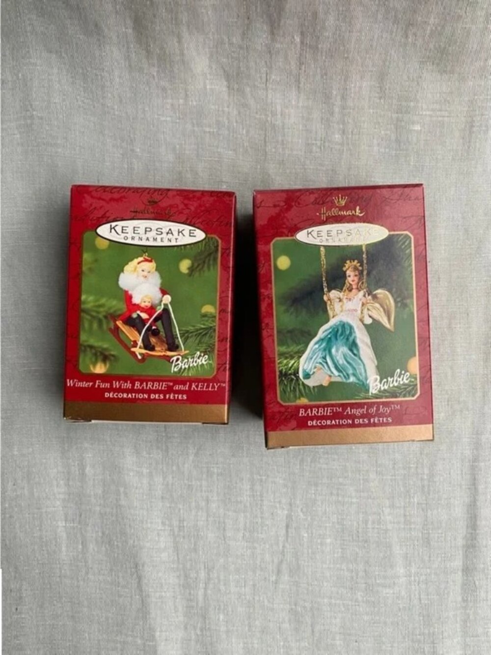 Lot of 2 Hallmark Barbie ornaments 2000 Angel of Joy Winter Fun Barbie Kelly